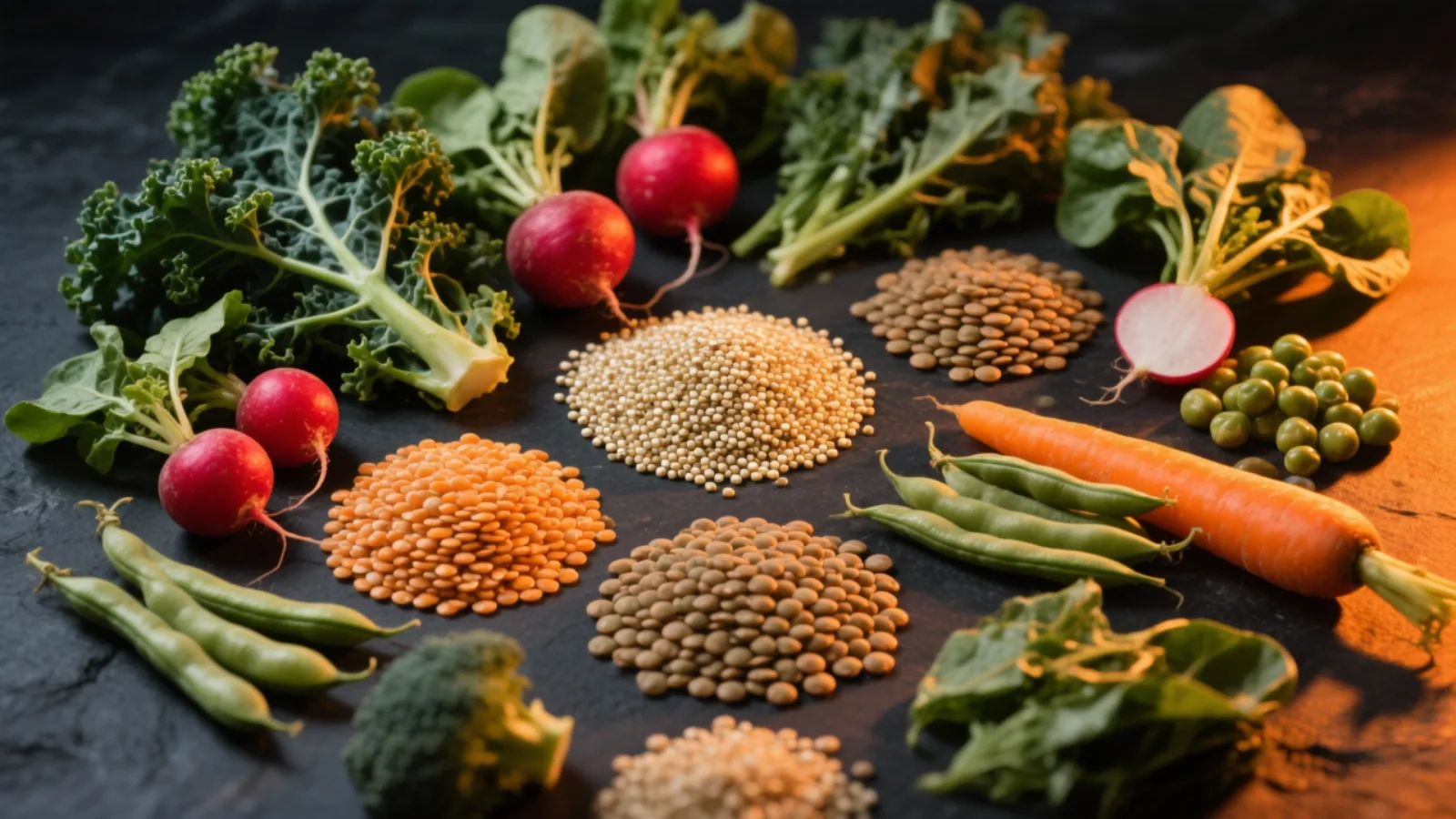 Fresh vegetables, legumes and grains